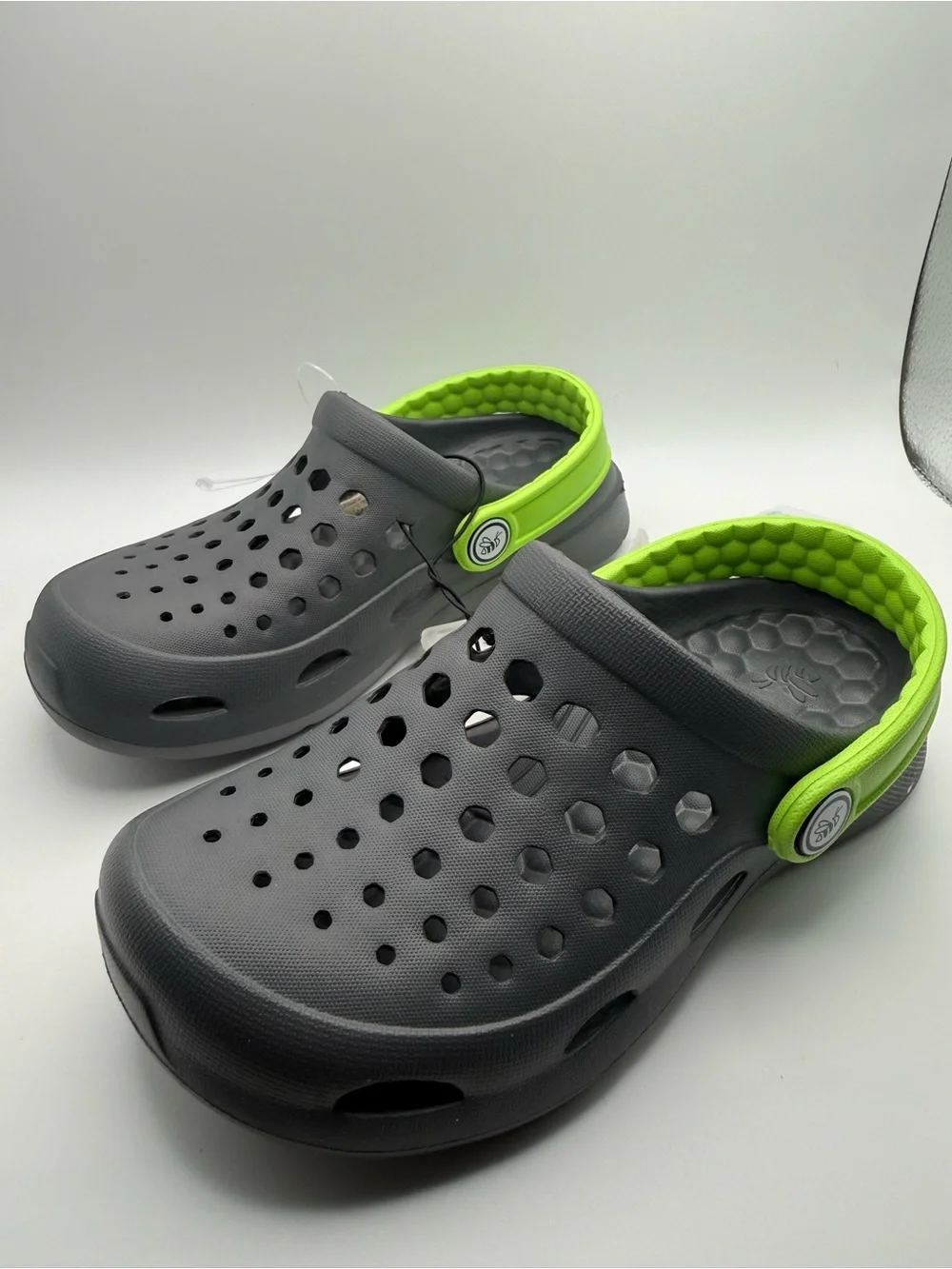 Joybees Crocs Kids Gray Clogs with Bright Green Heel Strap